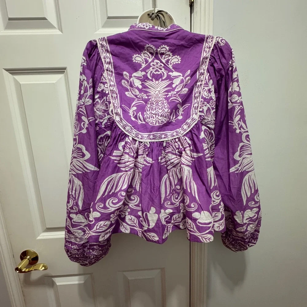 FARM Rio Purple white sweet garden top Tie Front Blouse size medium